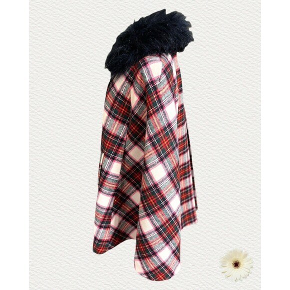 Crown & Ivy Women's Plaid Faux Fur Removable Collar Cape With Pockets Size Small - Picture 9 of 10